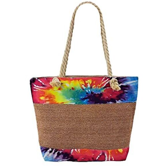 Tie-Die Woven Canvas Beach Tote Bag With Rope Handles - Picture 2 of 3